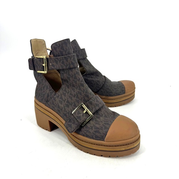 Michael Kors Shoes - Michael Kors Brown Logo Cutout Buckle Platform Ankle Boots